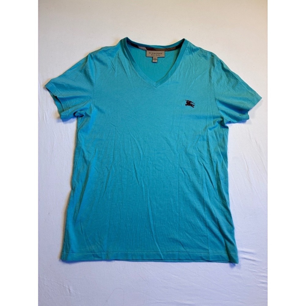 Burberry London Mens V-Neck T-Shirt Blue Embroidered Knight Logo Small